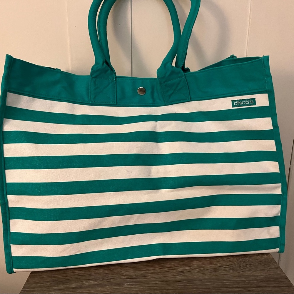 Chico's Turquoise and White Striped Tote